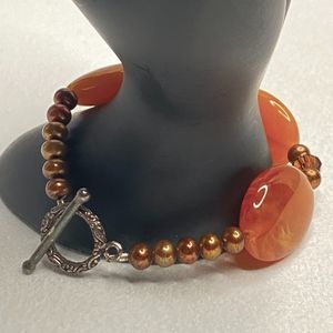 Beaded Bracelet Three Large Red Agate Stones Small Bronze Beads Toggle Clasp